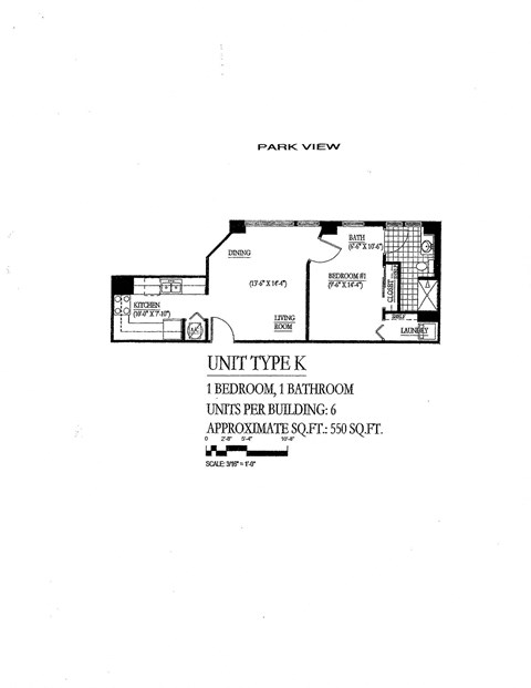 Floor plan for 1 bed, 1 bath, 550 sqft